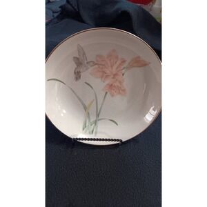Vtg Rare Hummingbird Flower Porcelain Decorative Bowl Plate Gold Trim with Stand